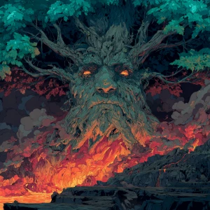 Create an image of a colossal tree exuding toxicity with a human...