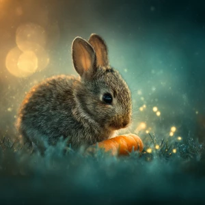 A charming baby rabbit exploring a softly shining golden carrot...