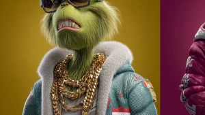 Create an image of a hip hop hyper animated version on the Grinc...