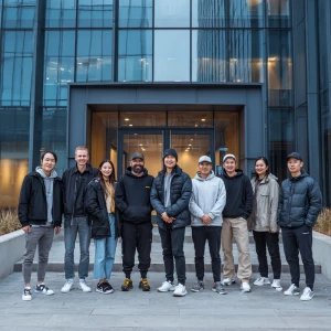 10 employees posing for a picture at the entrance of a company.