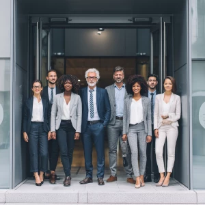 Show a dynamic scene at the entrance of a contemporary office bu...