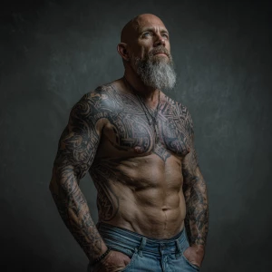 Create an image featuring a muscular, bald man sporting a full b...