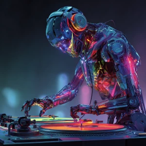 Futuristic DJ robot with glowing neon lights, mixing music on a...