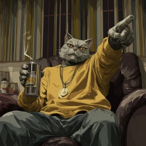 A humanoid cat character sitting in a dark room with striped cur...