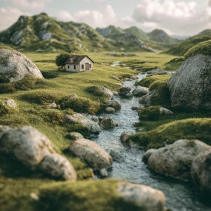 A landscape looks like spun wool, a house in the middle of green...