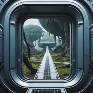 Create an image of a rectangular metallic spaceship exit door, w...