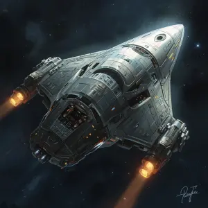 A shimmering interstellar ship, bathed in ethereal light, its sl...