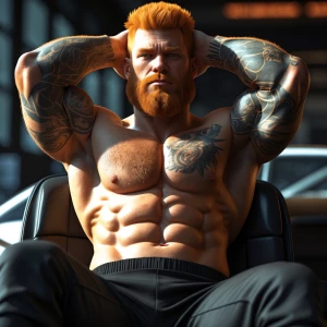 The image features a shirtless man with a muscular and beefy bui...