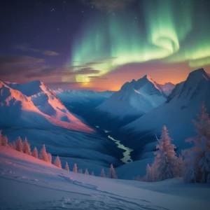 Mountains glowing under aurora borealis