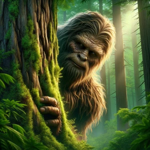 A large Human looking bigfoot hair covered peeking out from behi...