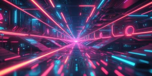 A pulsating neon-hued synthwave network, intricately interwoven...