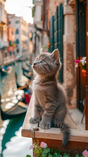 adorable gray kitten with bright blue eyes sitting on a wooden w...