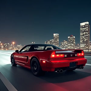Generate a detailed image of a red 1999 Honda NSX cruising throu...