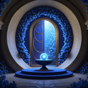 A mysterious chamber with a massive crescent-shaped door framed...