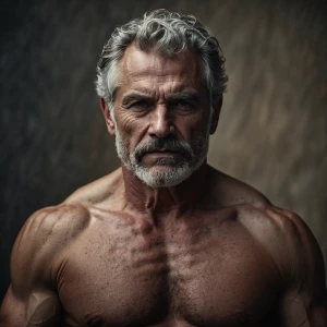 The image depicts a muscular, shirtless older man with a rugged,...