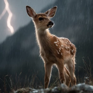 Baby fawn standing strong in storm rain in the spring, lightning...