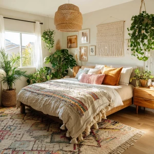 High-resolution photograph of a modern boho bedroom, full-room v...