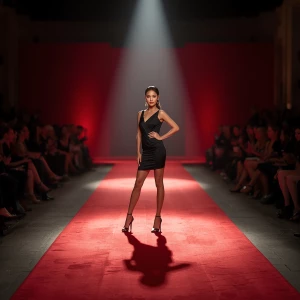 A luxury red carpet runway scene inside a high-end fashion show...