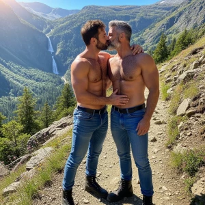 Make 2 men kissing with brown and gray hair and beard bodybuilde...