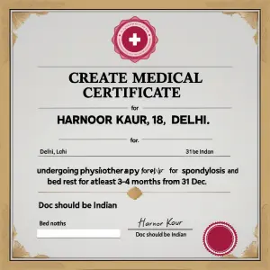 create a medical certificate for Harnoor Kaur,18 Y, delhi.. Unde...