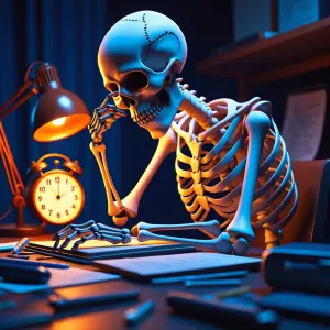 Place the skeleton character studying late at night with tired p...