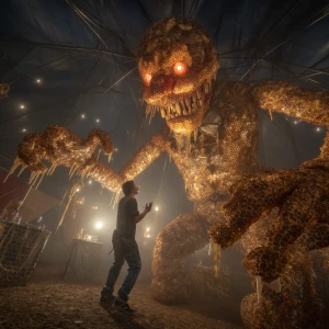 A menacing clown figure, intricately constructed from golden hon...