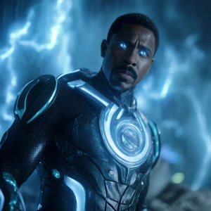 Wide low angle  shot of A muscular black man with short, dark ha...