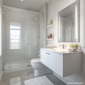 Create a realistic image of a small modern bathroom in an all-wh...