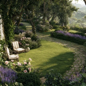 Create a serene garden scene resembling the English countryside,...