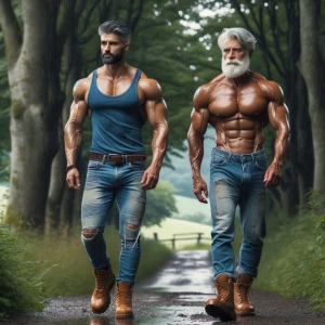 Generate an image of two men bodybuilders in Derby walking in th...