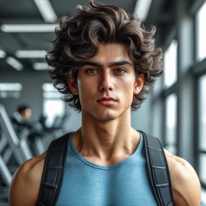 Make a boy with  much hair curly square face handsome with gym b...