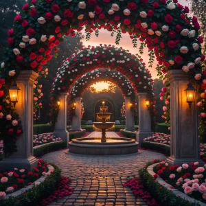 Rose Arch Entrance Courtyard: A grand courtyard unfolds in a sym...