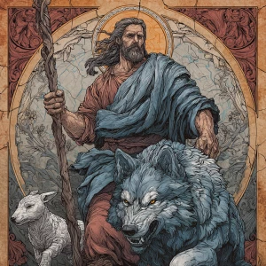 Create an image of a muscular shepherd resembling Jesus with lon...