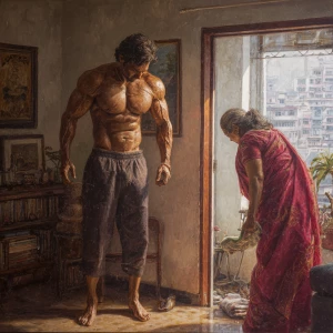 Hyperrealism painting  ,a indian  muscular beefy  sweaty man exe...