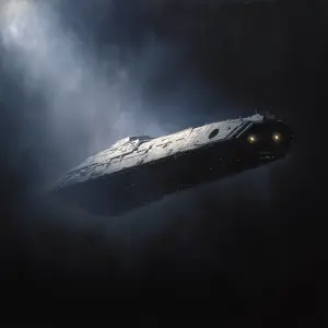 A foreboding shadowy starship brig, shrouded in darkness and mys...