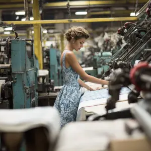 woman wearing a dress in a fabric manufacture facility