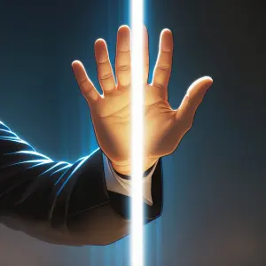 same boss extending arm forward, palm opens into vertical slit o...