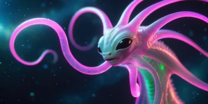 A mesmerizing alien creature, its translucent, glowing tendrils...