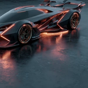 a futuristic hypercar with sharp aerodynamic fins,
carbon fiber...