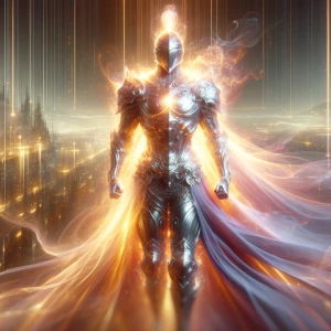 An ethereal knight imbued with glowing energy, a shimmering visa...