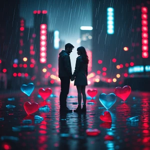 “A cinematic moody artwork of a couple standing under neon rain,...