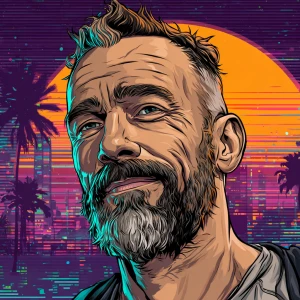 White muscular thin man with beard, big chin, smile and cheekbon...