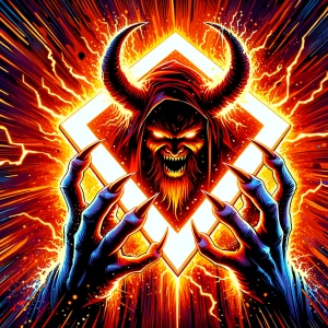 Destroy the four-cornered poster on the devil's hand.