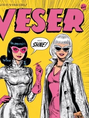 1960s retro comic book cover, a bold yellow burst background, tw...