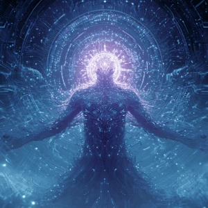 A virtually transcendent virtual AI deity, glowing with ethereal...