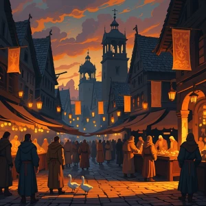 Town square of Arwyn at dusk: merchants freeze mid-action as gre...
