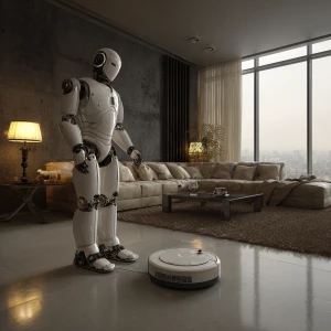 Sleek anthropomorphic humanoid robot vacumns living room.