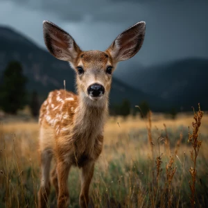 Baby fawn in alpine meadow looking alert, ears raised, wind push...