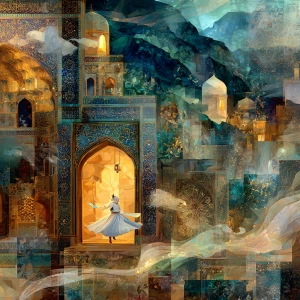Create an enchanting 16:9 image capturing the essence of Sufi te...