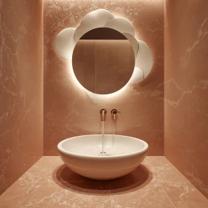 Create an image of a bathroom named "Petal Sink Room," designed...